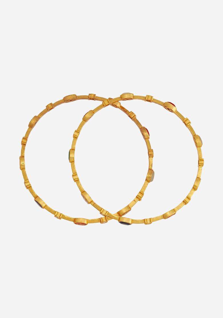 Gold-Plated Embellished Bridal Set of 2 92.5 Silver Stone Bangles for Women | Traditional Temple Jewellery for Wedding & Festive Wear | Gift for Her - Indya