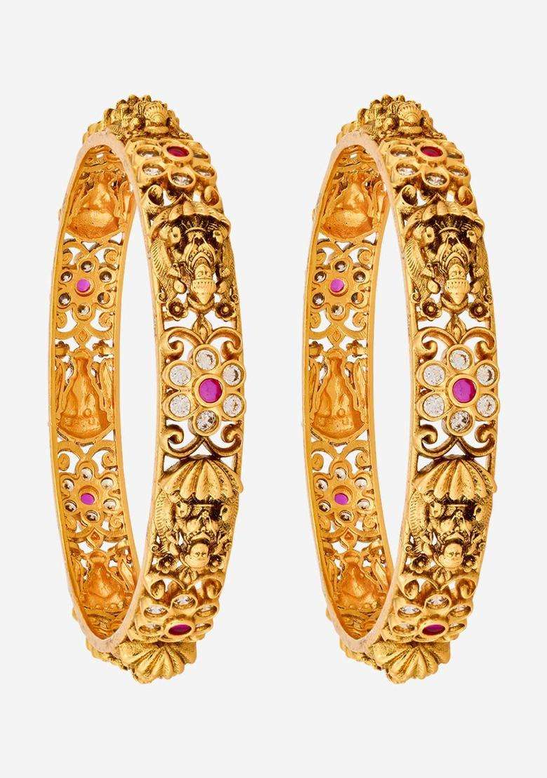 Set of 2 Gold-Plated Artificial Stones Studded Bangles for Women | Traditional Temple Jewellery for Wedding & Festive Wear | Gift for Her - Indya
