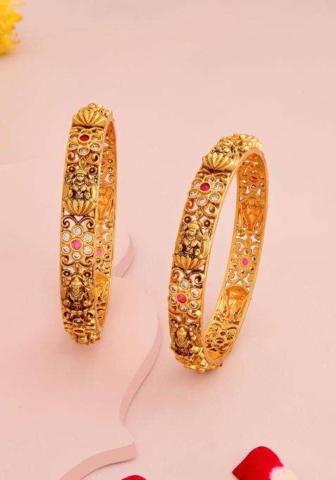 Set of 2 Gold-Plated Artificial Stones Studded Bangles for Women | Traditional Temple Jewellery for Wedding & Festive Wear | Gift for Her