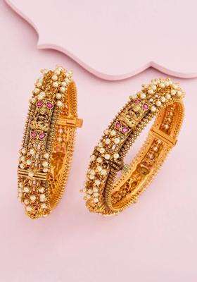 Pack of 2 Gold-Plated Temple Stone Studded & Beaded Bangles for Women | Traditional Temple Jewellery for Wedding & Festive Wear | Gift for Her