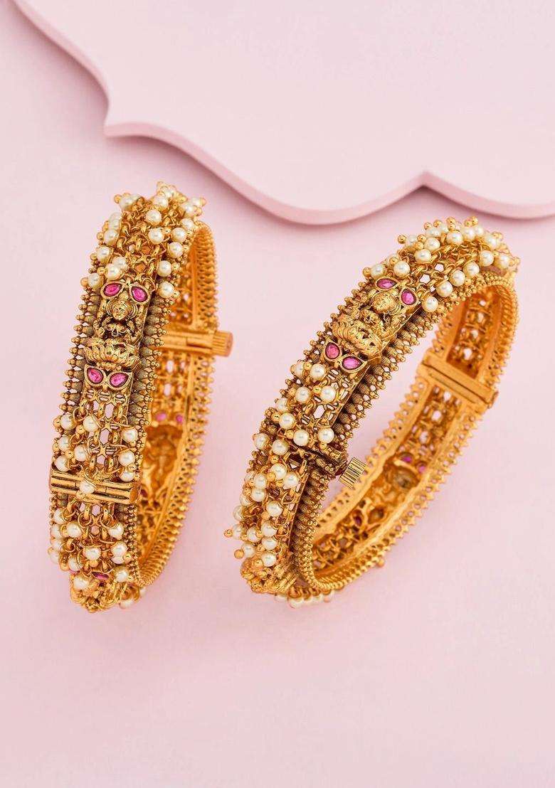 Pack of 2 Gold-Plated Temple Stone Studded & Beaded Bangles for Women | Traditional Temple Jewellery for Wedding & Festive Wear | Gift for Her - Indya