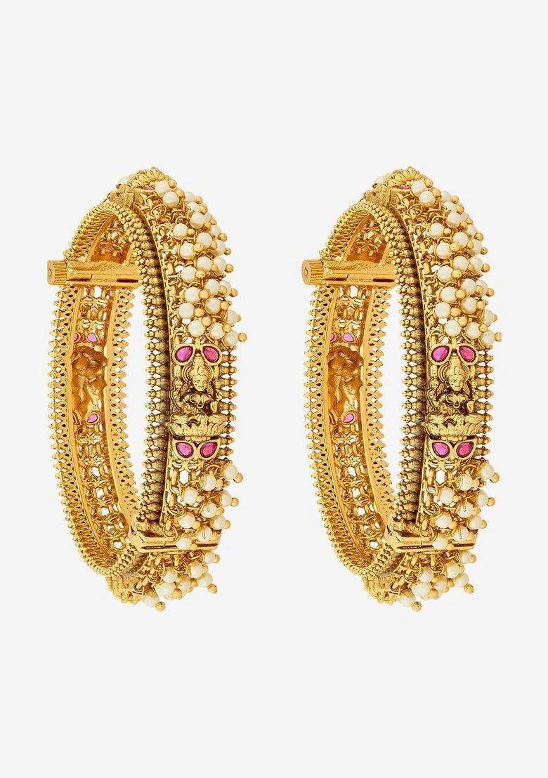 Pack of 2 Gold-Plated Temple Stone Studded & Beaded Bangles for Women | Traditional Temple Jewellery for Wedding & Festive Wear | Gift for Her - Indya