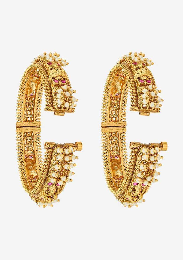 Pack of 2 Gold-Plated Temple Stone Studded & Beaded Bangles for Women | Traditional Temple Jewellery for Wedding & Festive Wear | Gift for Her - Indya