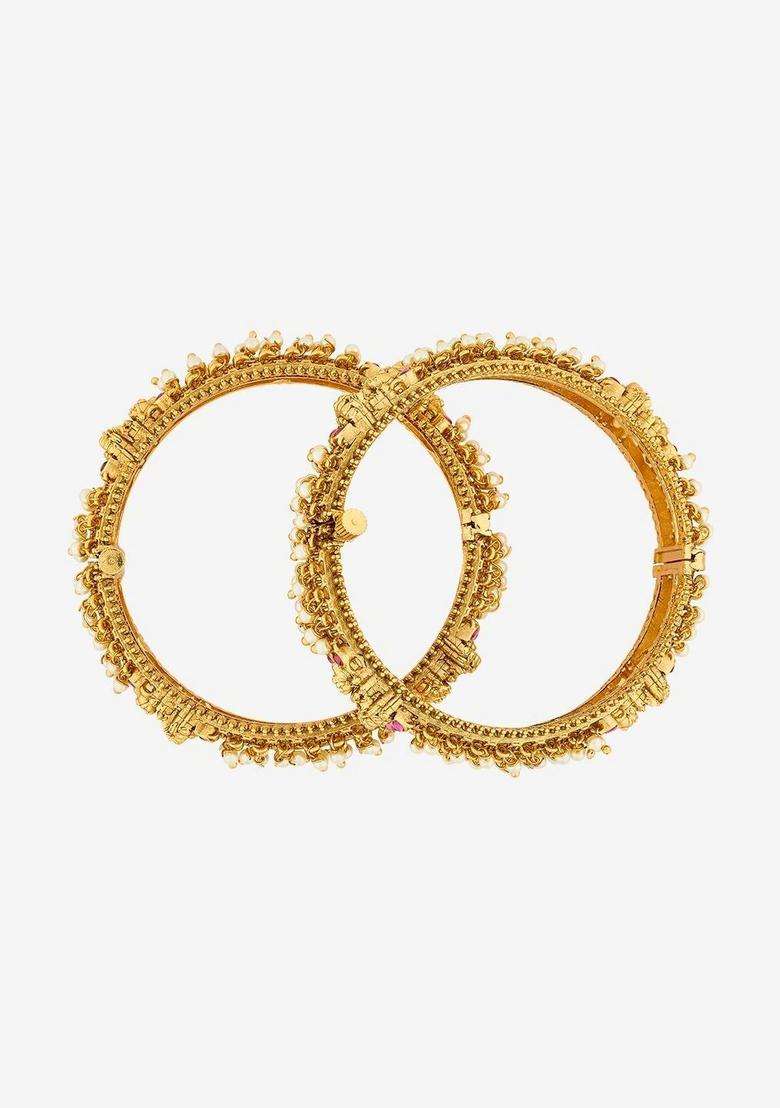Pack of 2 Gold-Plated Temple Stone Studded & Beaded Bangles for Women | Traditional Temple Jewellery for Wedding & Festive Wear | Gift for Her - Indya
