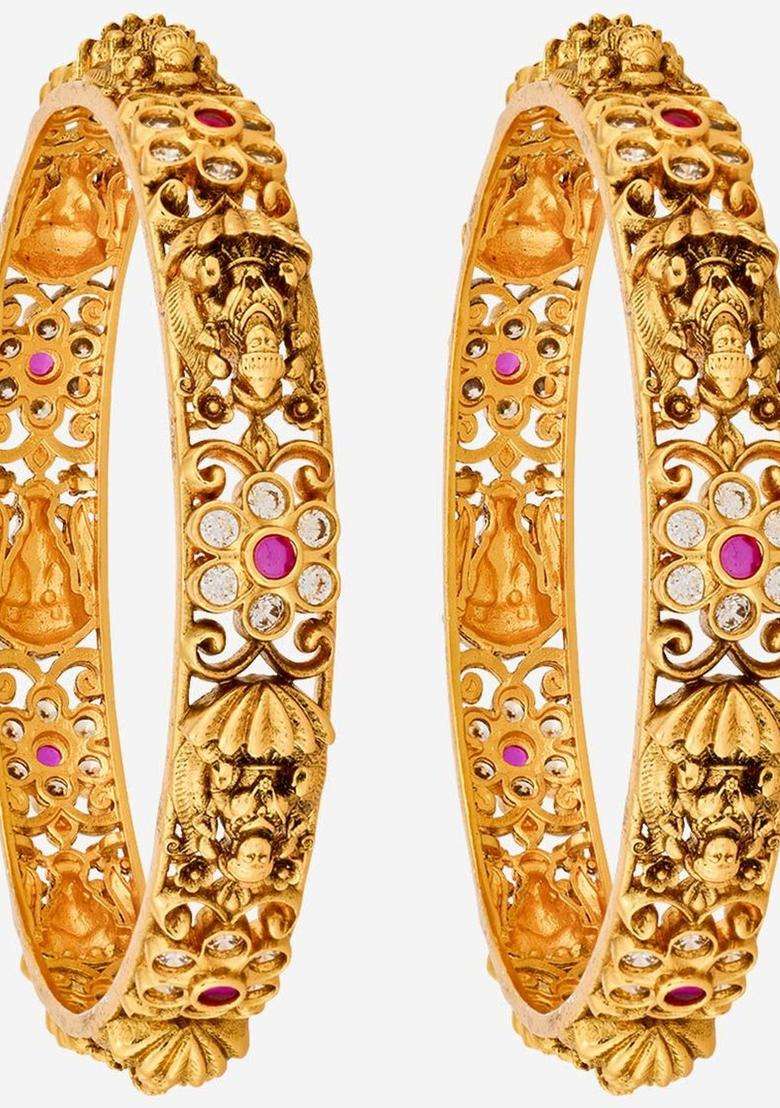 Set of 2 Gold-Plated Artificial Stones Studded Bangles for Women | Traditional Temple Jewellery for Wedding & Festive Wear | Gift for Her - Indya