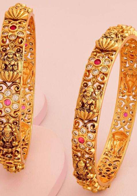 Set of 2 Gold-Plated Artificial Stones Studded Bangles for Women | Traditional Temple Jewellery for Wedding & Festive Wear | Gift for Her
