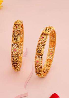 Set of 2 Gold-Plated Artificial Stones Studded Bangles for Women | Traditional Temple Jewellery for Wedding & Festive Wear | Gift for Her