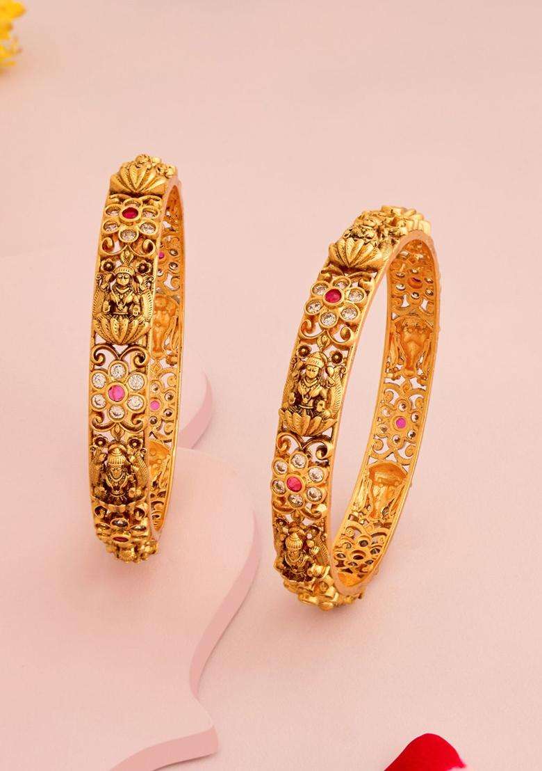 Set of 2 Gold-Plated Artificial Stones Studded Bangles for Women | Traditional Temple Jewellery for Wedding & Festive Wear | Gift for Her - Indya