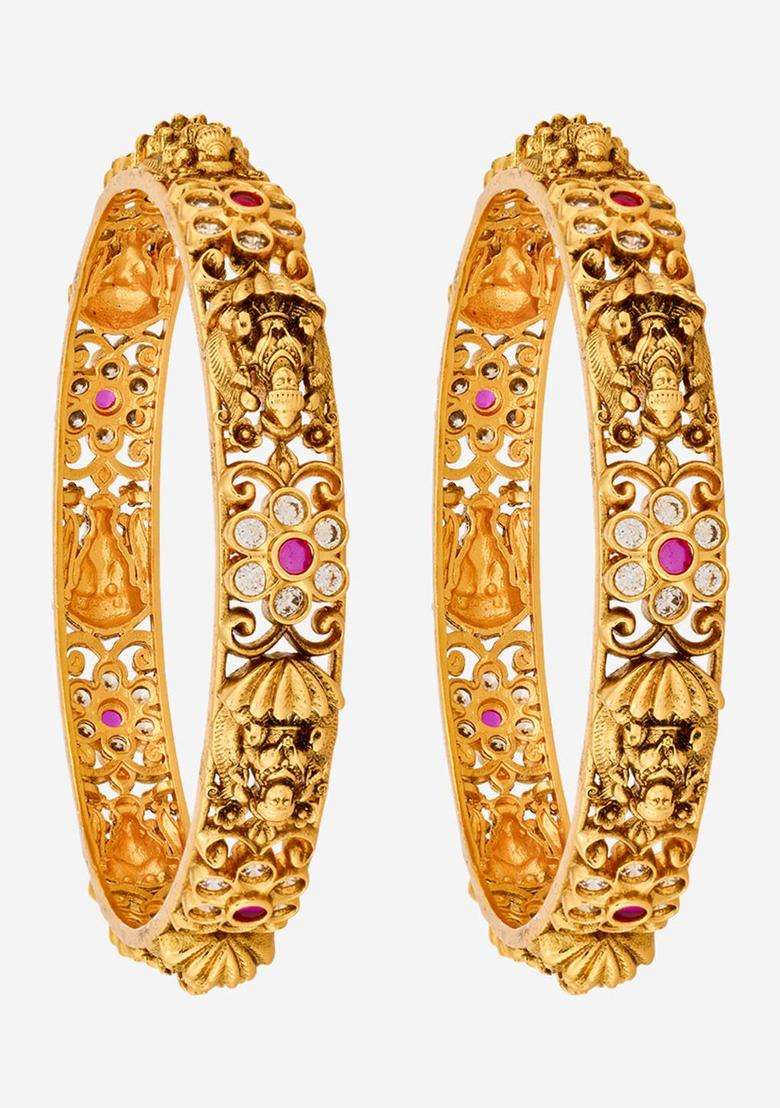 Set of 2 Gold-Plated Artificial Stones Studded Bangles for Women | Traditional Temple Jewellery for Wedding & Festive Wear | Gift for Her - Indya