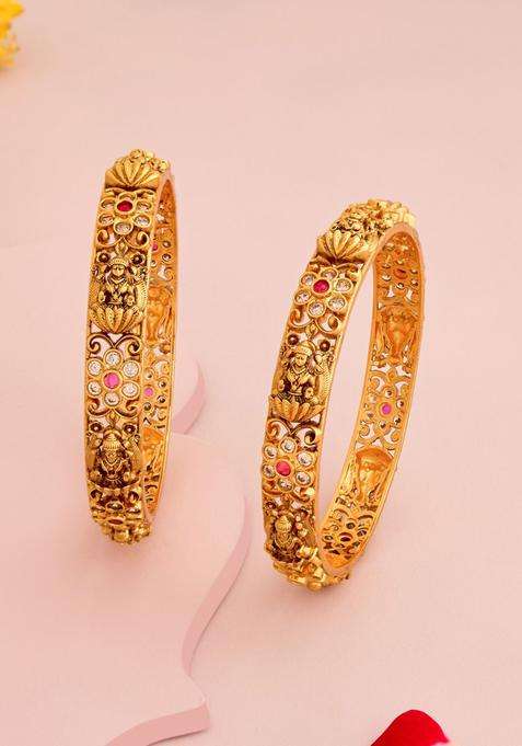 Set of 2 Gold-Plated Artificial Stones Studded Bangles for Women | Traditional Temple Jewellery for Wedding & Festive Wear | Gift for Her