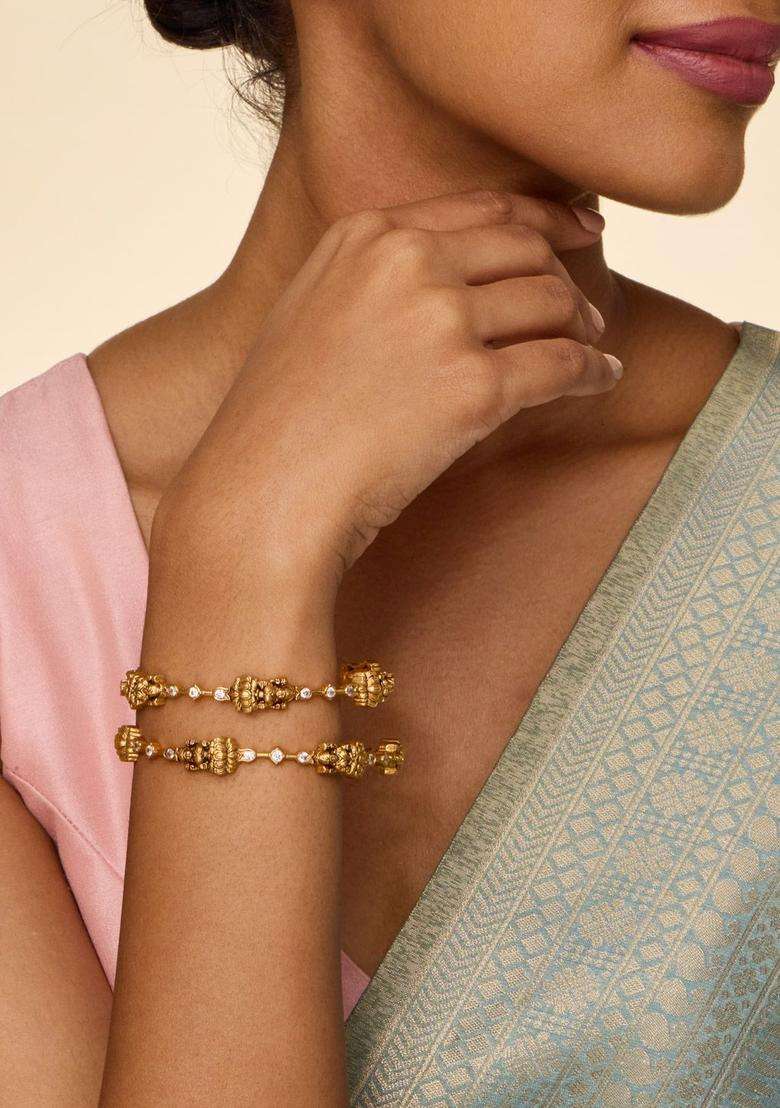 Set of 2 Gold-Plated Stone-Studded Bangles for Women | Traditional Temple Jewellery for Wedding & Festive Wear | Gift for Her - Indya