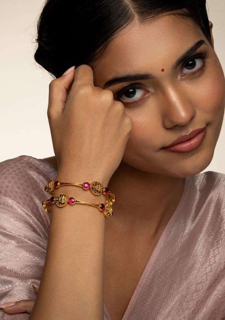 Set of 2 Gold-Plated Stone-Studded Bangles for Women | Traditional Temple Jewellery for Wedding & Festive Wear | Gift for Her - Indya