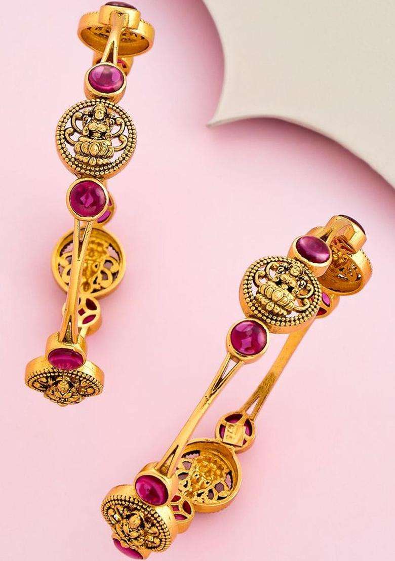 Set of 2 Gold-Plated Stone-Studded Bangles for Women | Traditional Temple Jewellery for Wedding & Festive Wear | Gift for Her - Indya