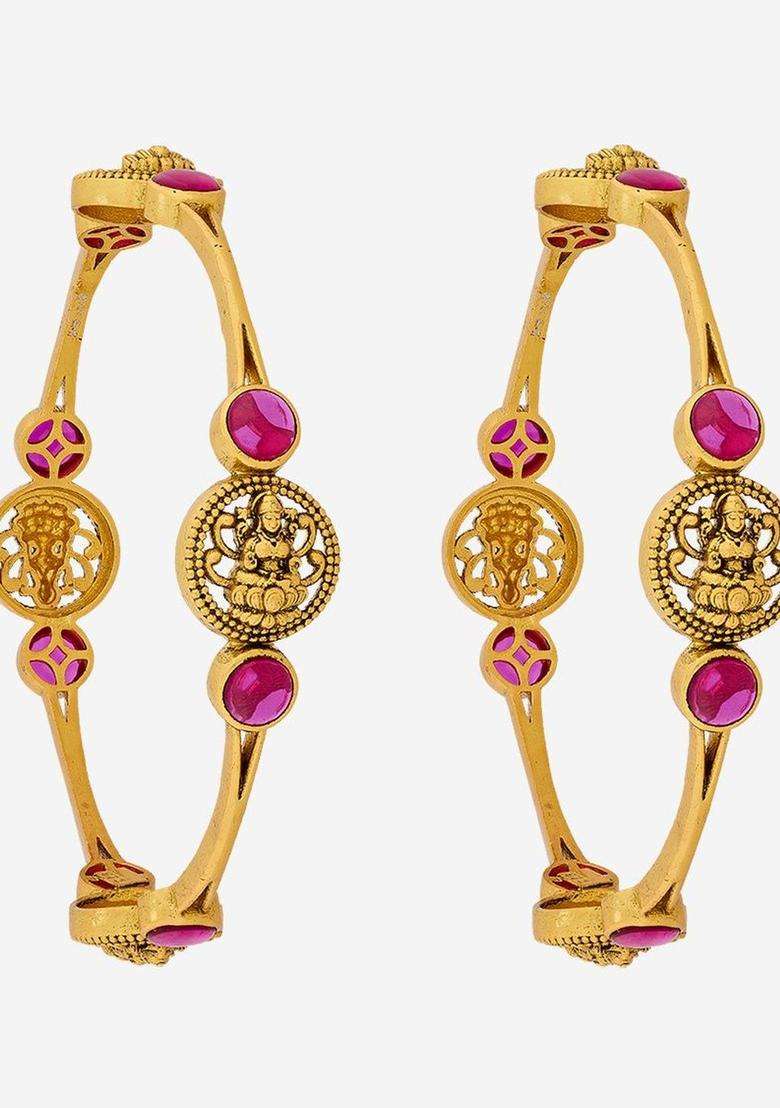 Set of 2 Gold-Plated Stone-Studded Bangles for Women | Traditional Temple Jewellery for Wedding & Festive Wear | Gift for Her - Indya