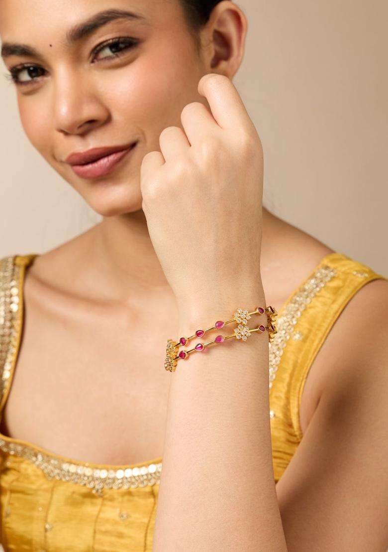 Set of 2 Gold-Plated Stone-Studded Bangles for Women | Traditional Temple Jewellery for Wedding & Festive Wear | Gift for Her - Indya