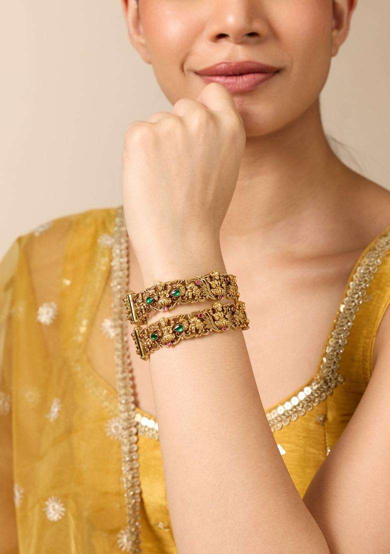 Set of 2 Gold-Plated Stone-Studded Bangles for Women | Traditional Temple Jewellery for Wedding & Festive Wear | Gift for Her - Indya