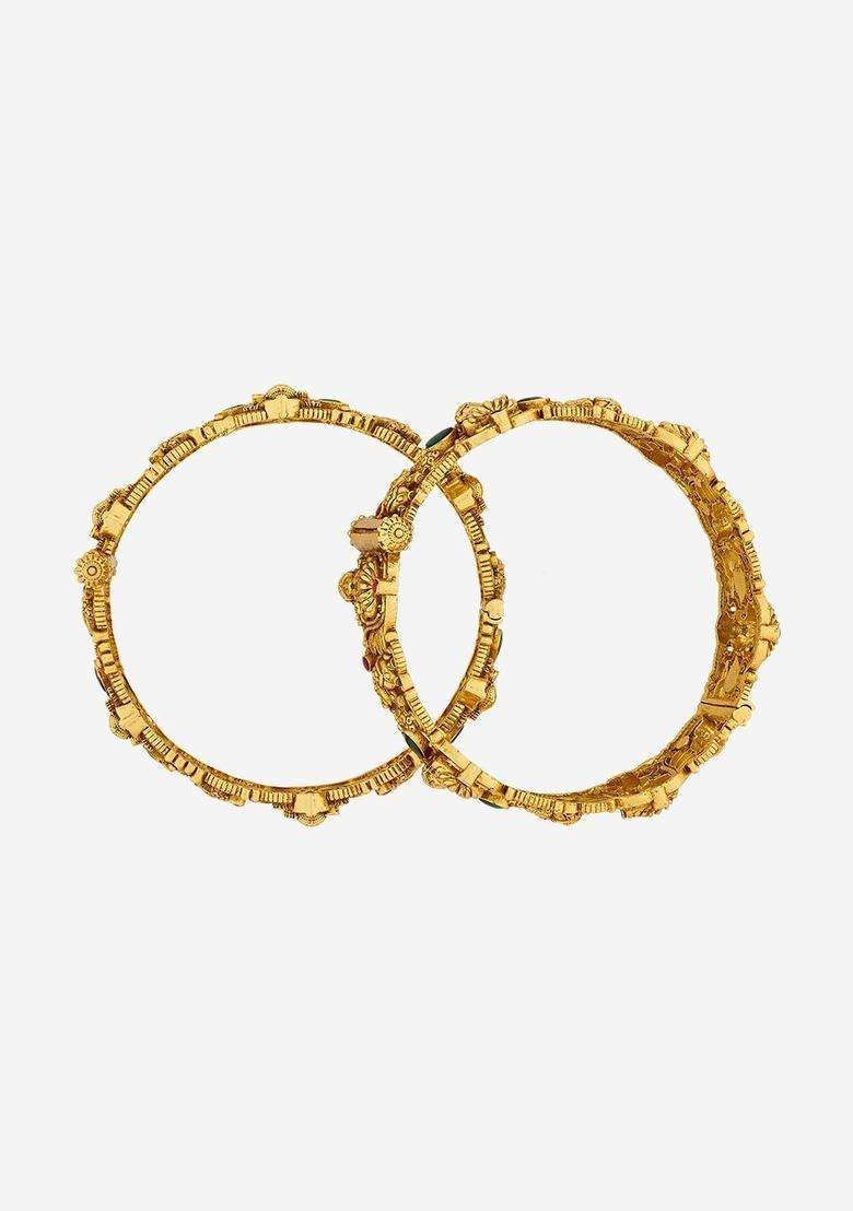 Set of 2 Gold-Plated Stone-Studded Bangles for Women | Traditional Temple Jewellery for Wedding & Festive Wear | Gift for Her - Indya