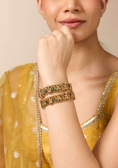 Set of 2 Gold-Plated Stone-Studded Bangles for Women | Traditional Temple Jewellery for Wedding & Festive Wear | Gift for Her