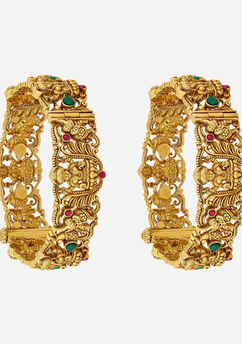Set of 2 Gold-Plated Stone-Studded Bangles for Women | Traditional Temple Jewellery for Wedding & Festive Wear | Gift for Her - Indya