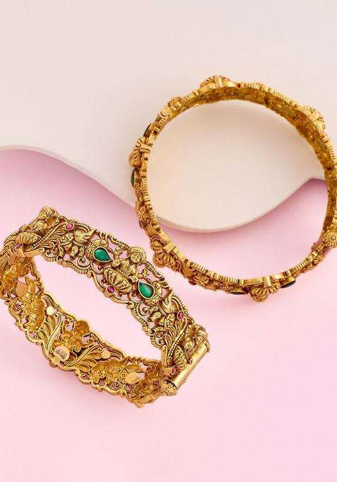Set of 2 Gold-Plated Stone-Studded Bangles for Women | Traditional Temple Jewellery for Wedding & Festive Wear | Gift for Her