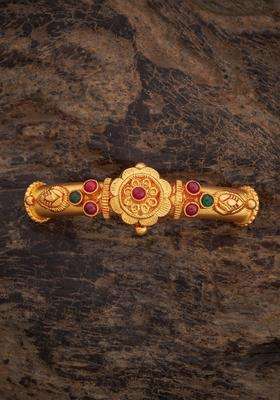 Ruby-Green Gold-Plated Ethnic 92.5 Pure Silver Temple Bangle for Women | Traditional Temple Jewellery for Wedding & Festive Wear | Gift for Her