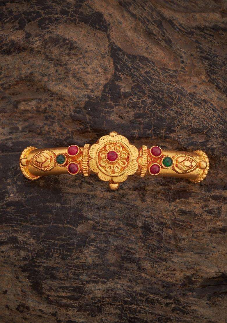 Ruby-Green Gold-Plated Ethnic 92.5 Pure Silver Temple Bangle for Women | Traditional Temple Jewellery for Wedding & Festive Wear | Gift for Her - Indya