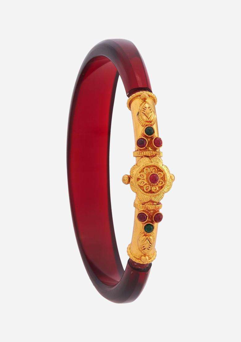 Ruby-Green Gold-Plated Ethnic 92.5 Pure Silver Temple Bangle for Women | Traditional Temple Jewellery for Wedding & Festive Wear | Gift for Her - Indya