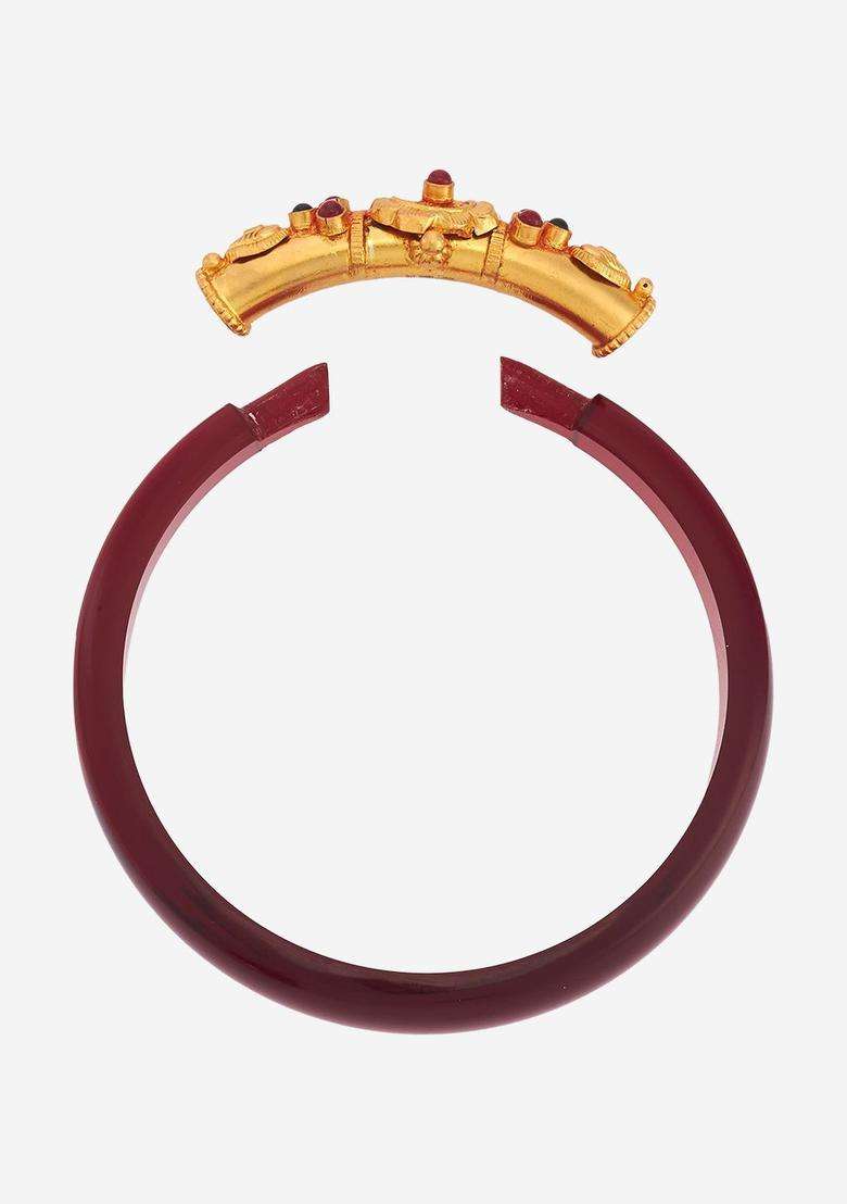 Ruby-Green Gold-Plated Ethnic 92.5 Pure Silver Temple Bangle for Women | Traditional Temple Jewellery for Wedding & Festive Wear | Gift for Her - Indya