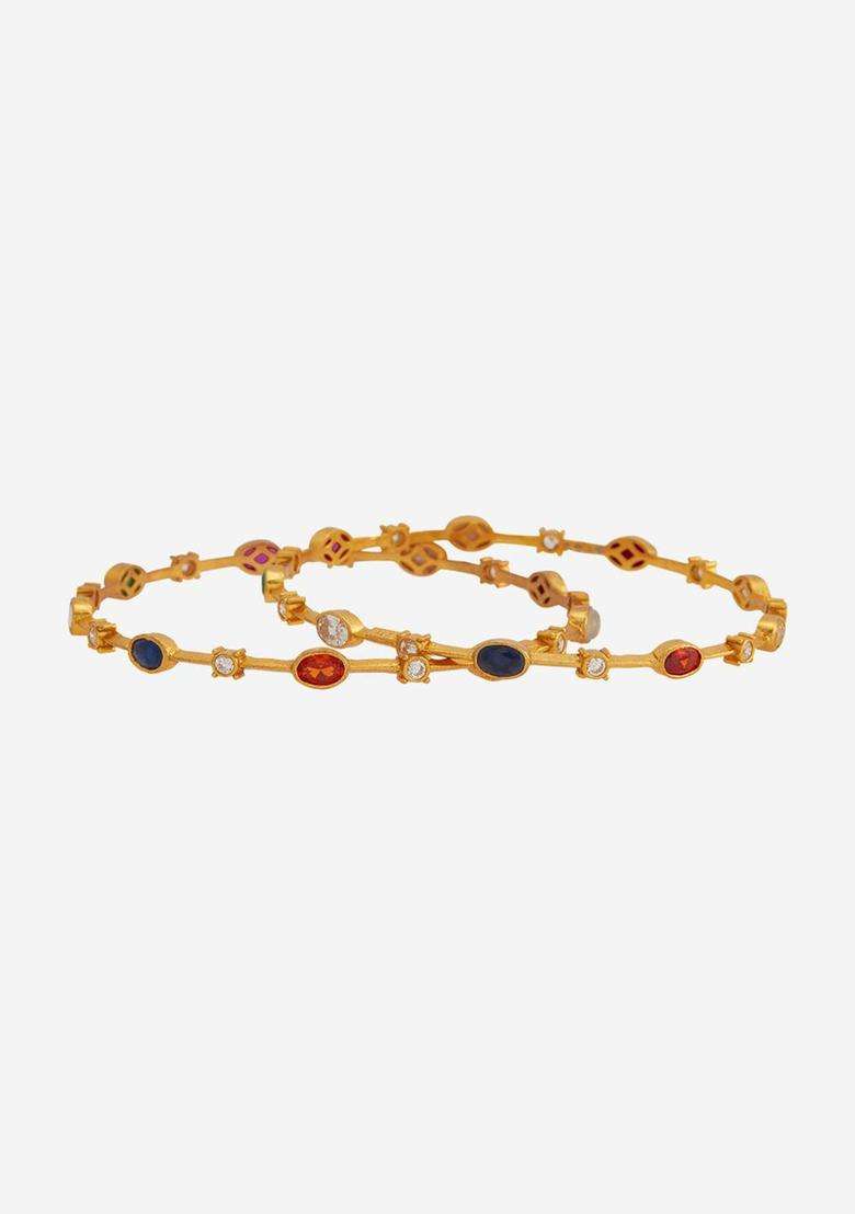 Gold-Plated Embellished Bridal Set of 2 92.5 Silver Stone Bangles for Women | Traditional Temple Jewellery for Wedding & Festive Wear | Gift for Her - Indya