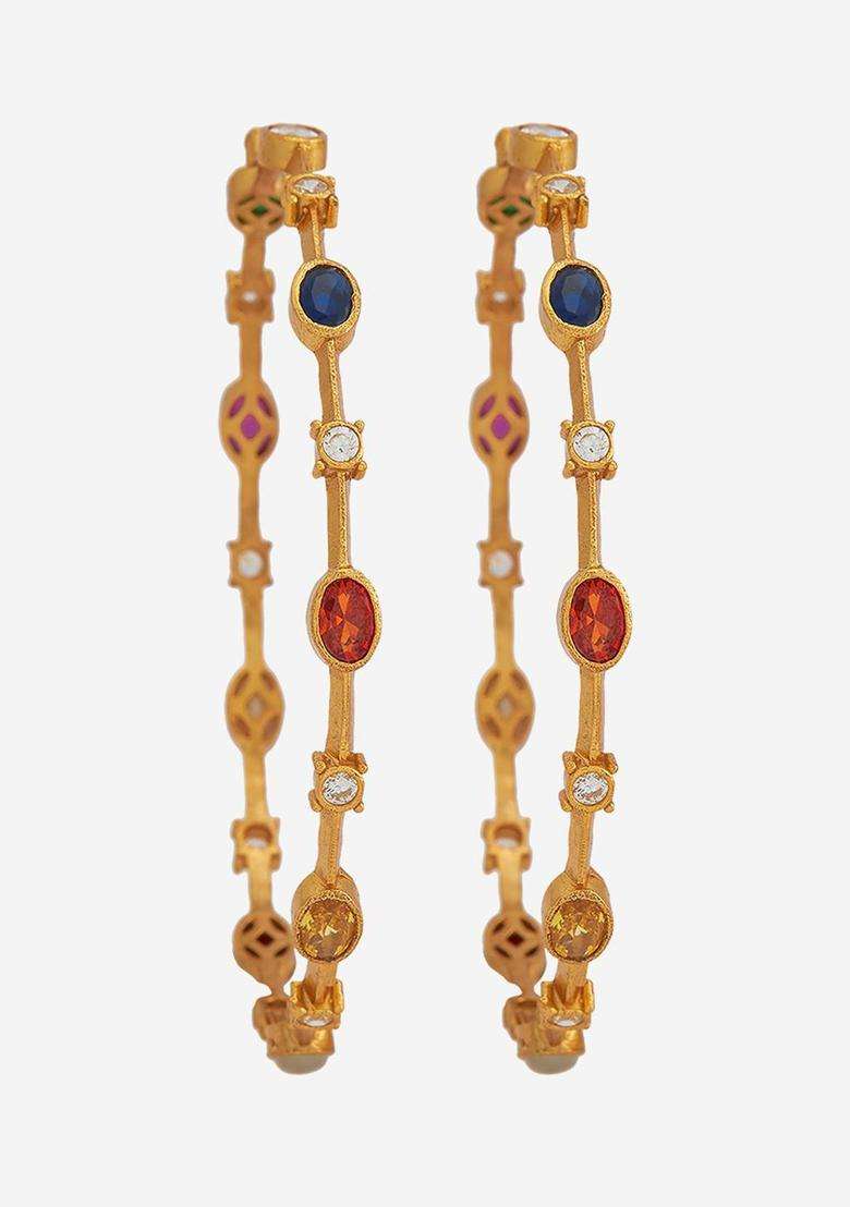 Gold-Plated Embellished Bridal Set of 2 92.5 Silver Stone Bangles for Women | Traditional Temple Jewellery for Wedding & Festive Wear | Gift for Her - Indya