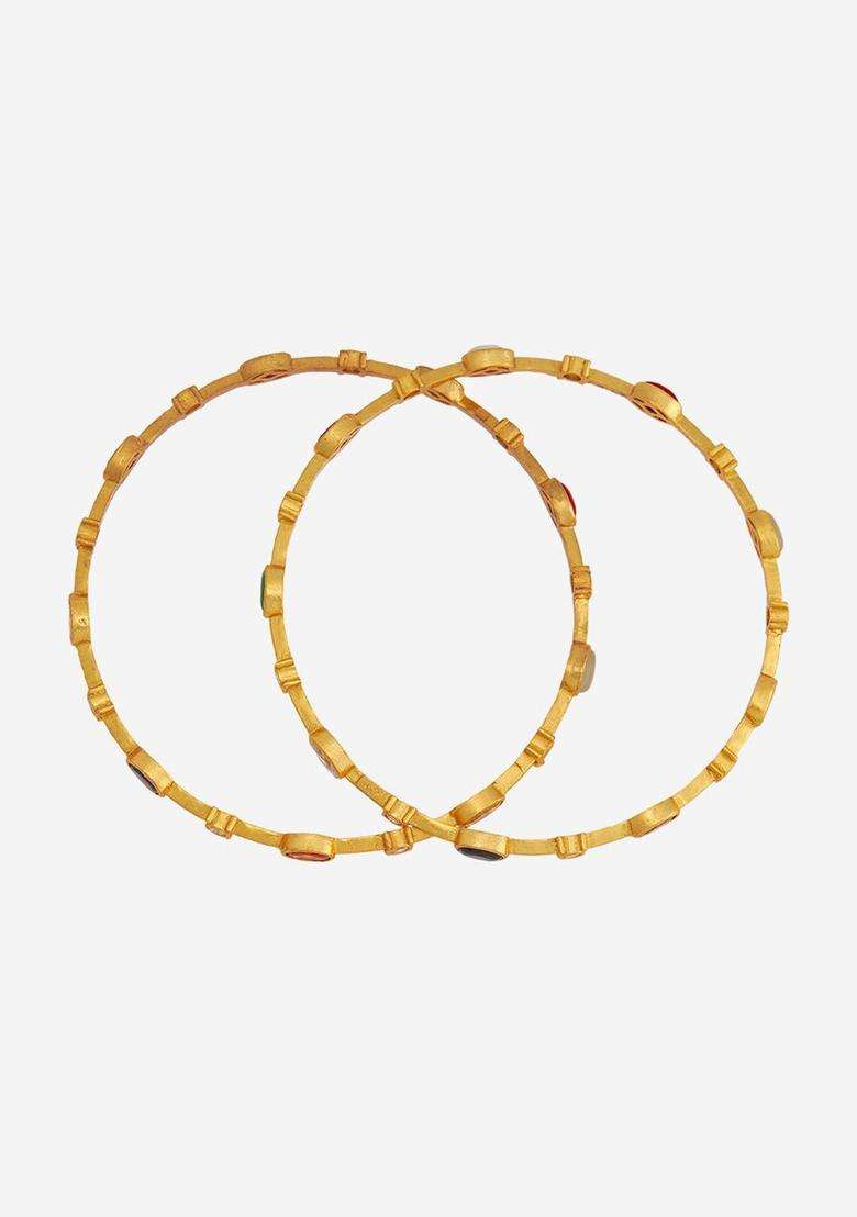 Gold-Plated Embellished Bridal Set of 2 92.5 Silver Stone Bangles for Women | Traditional Temple Jewellery for Wedding & Festive Wear | Gift for Her - Indya