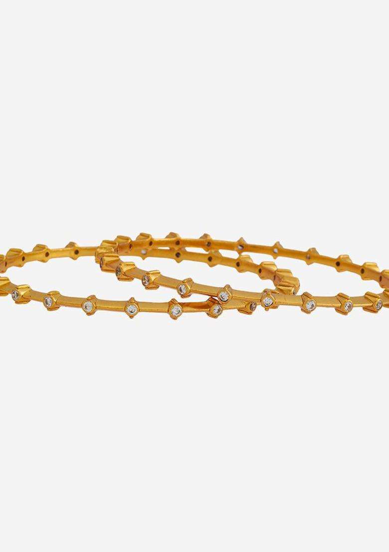 Gold-Plated Embellished Bridal Set of 2 92.5 Silver Stones Temple Bangles for Women | Traditional Temple Jewellery for Wedding & Festive Wear | Gift for Her - Indya