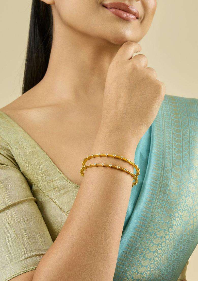 Set of 2 92.5 Pure Silver Gold-Plated Stones Temple Bangles for Women | Traditional Temple Jewellery for Wedding & Festive Wear | Gift for Her - Indya