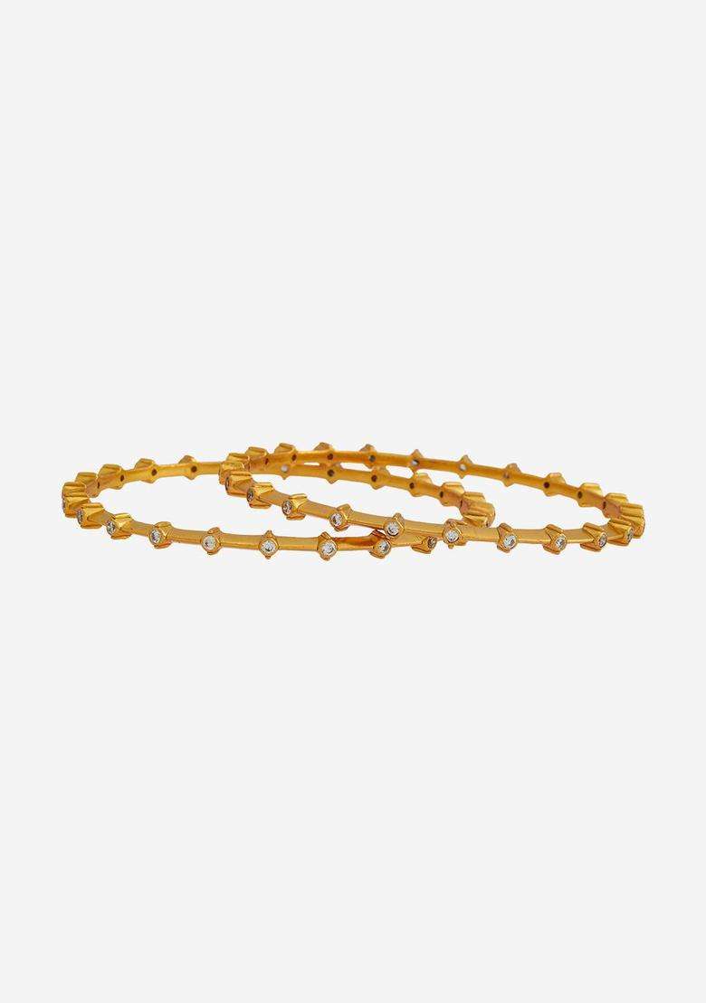 Set of 2 92.5 Pure Silver Gold-Plated Stones Temple Bangles for Women | Traditional Temple Jewellery for Wedding & Festive Wear | Gift for Her - Indya