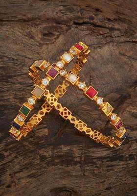 Gold-Plated Embellished Bridal Set of 2 92.5 Silver NavaratnaBangles for Women | Traditional Temple Jewellery for Wedding & Festive Wear | Gift for Her