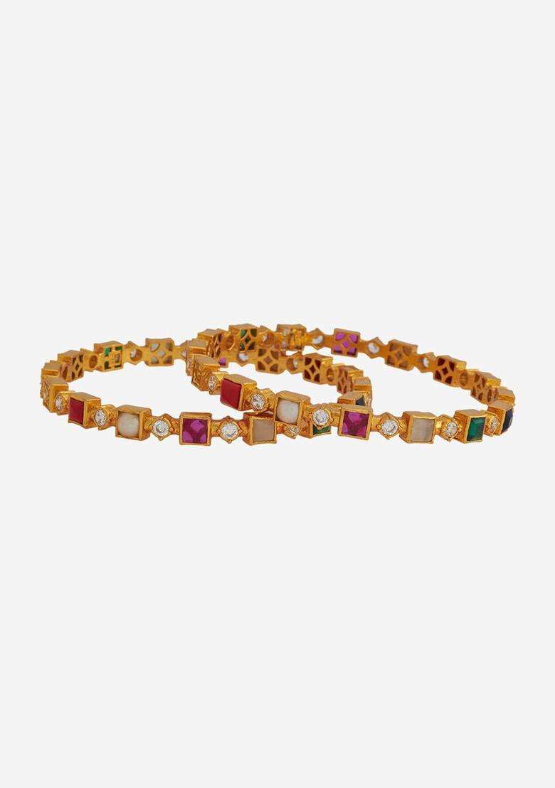 Gold-Plated Embellished Bridal Set of 2 92.5 Silver NavaratnaBangles for Women | Traditional Temple Jewellery for Wedding & Festive Wear | Gift for Her - Indya