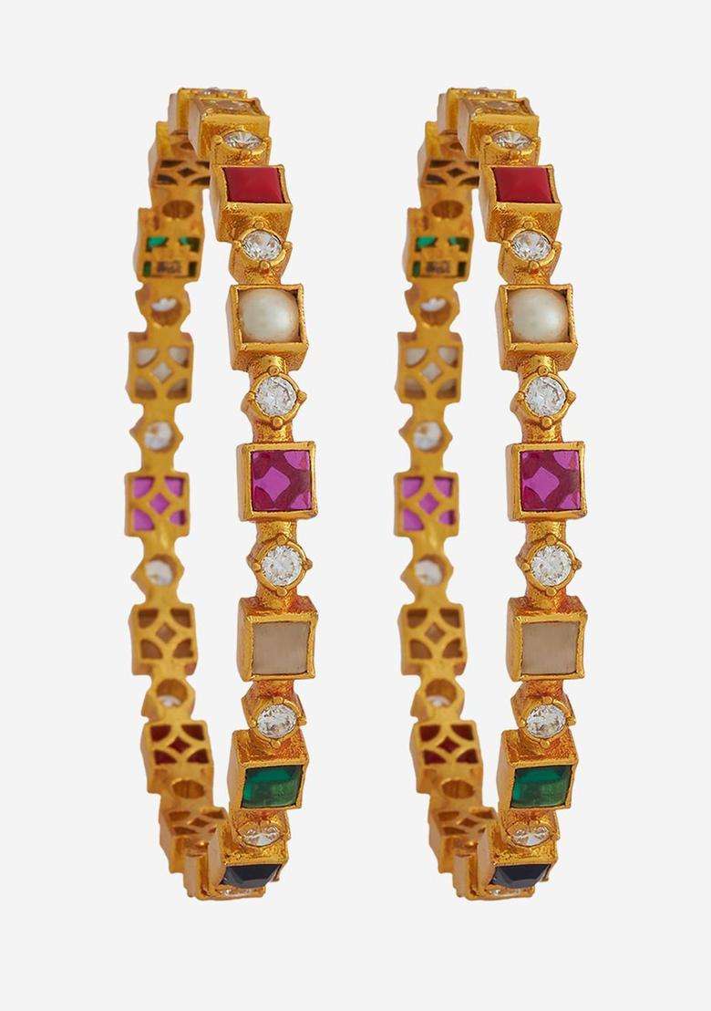 Gold-Plated Embellished Bridal Set of 2 92.5 Silver NavaratnaBangles for Women | Traditional Temple Jewellery for Wedding & Festive Wear | Gift for Her - Indya
