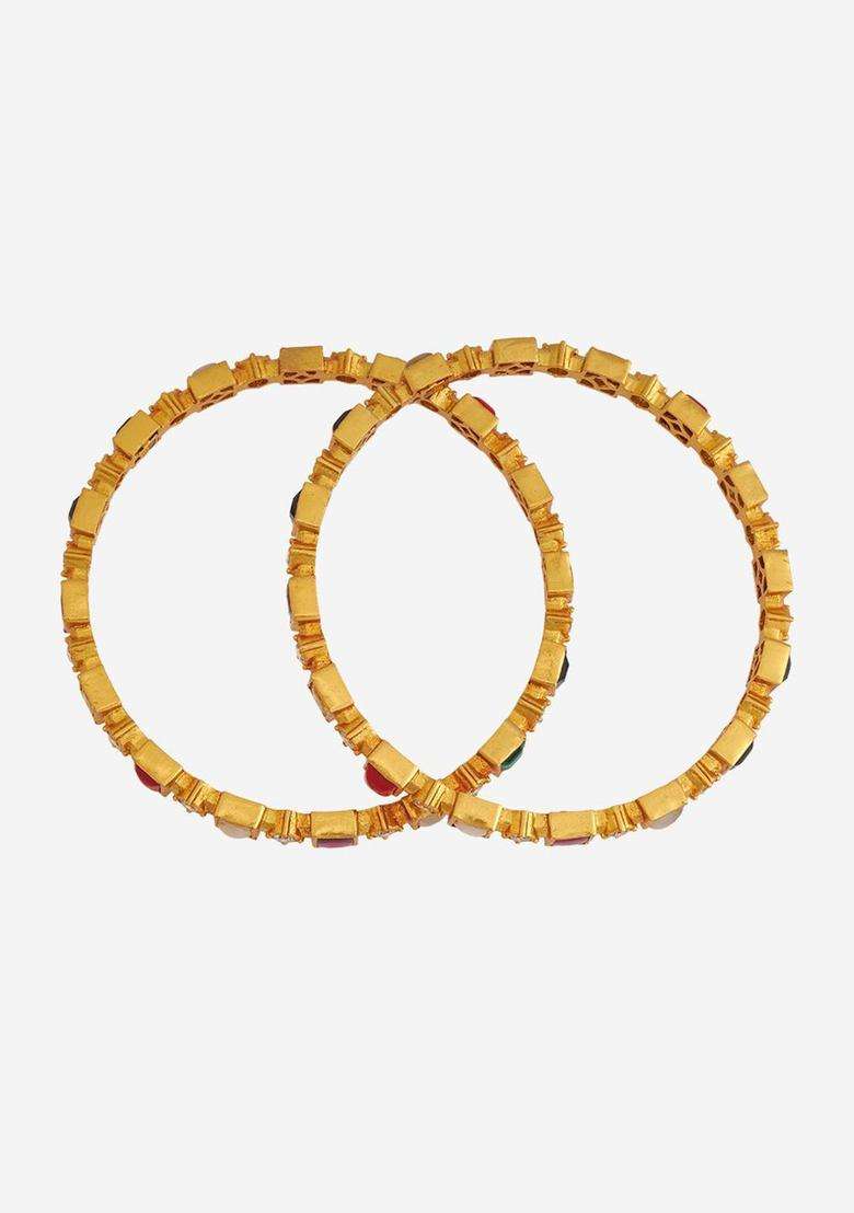 Gold-Plated Embellished Bridal Set of 2 92.5 Silver NavaratnaBangles for Women | Traditional Temple Jewellery for Wedding & Festive Wear | Gift for Her - Indya