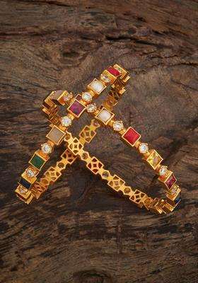 Gold-Plated Embellished Bridal Set of 2 92.5 Silver NavaratnaBangles for Women | Traditional Temple Jewellery for Wedding & Festive Wear | Gift for Her