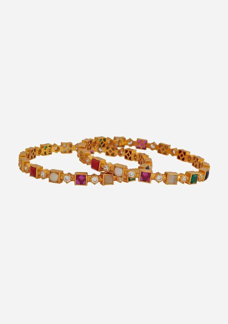 Gold-Plated Embellished Bridal Set of 2 92.5 Silver NavaratnaBangles for Women | Traditional Temple Jewellery for Wedding & Festive Wear | Gift for Her - Indya