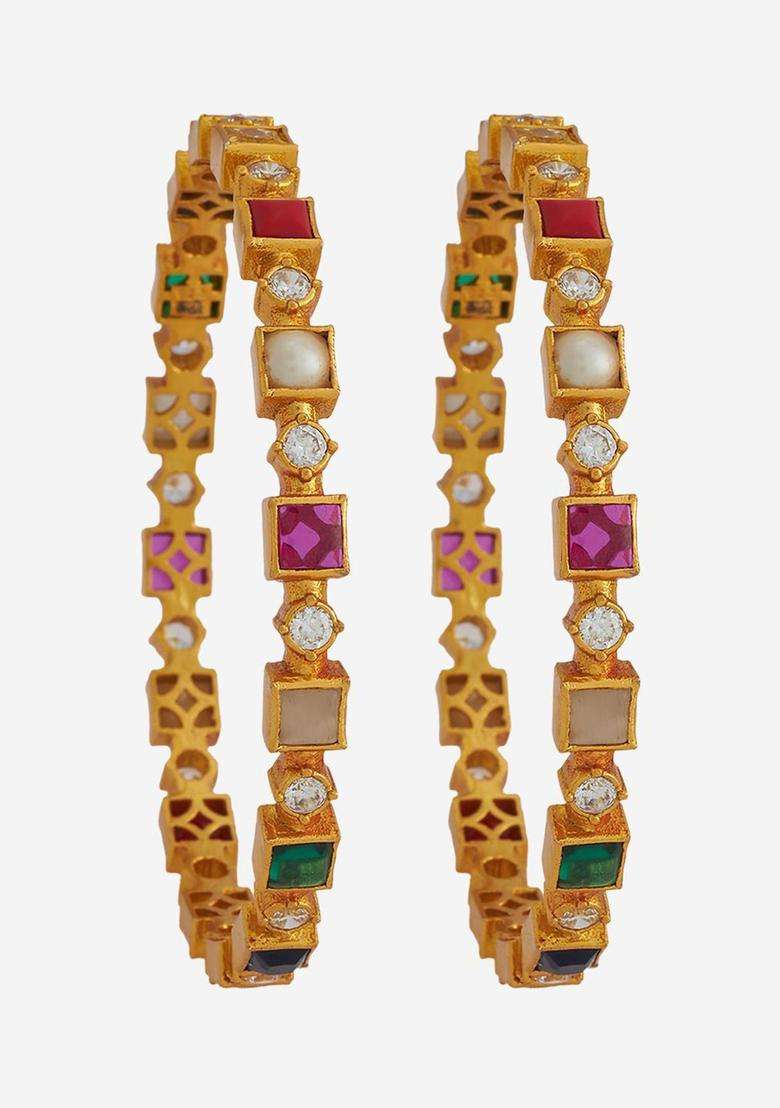 Gold-Plated Embellished Bridal Set of 2 92.5 Silver NavaratnaBangles for Women | Traditional Temple Jewellery for Wedding & Festive Wear | Gift for Her - Indya