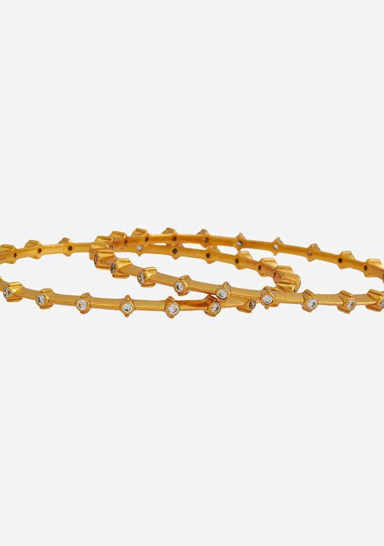 Gold-Plated Embellished Bridal Set of 2 92.5 Silver Stones Temple Bangles for Women | Traditional Temple Jewellery for Wedding & Festive Wear | Gift for Her - Indya
