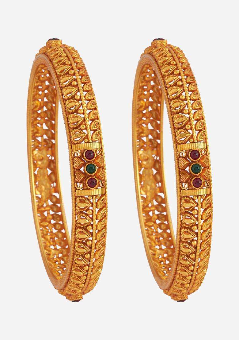 Set of 2 Gold-Plated Stone-Studded Bangles for Women | Traditional Temple Jewellery for Wedding & Festive Wear | Gift for Her - Indya