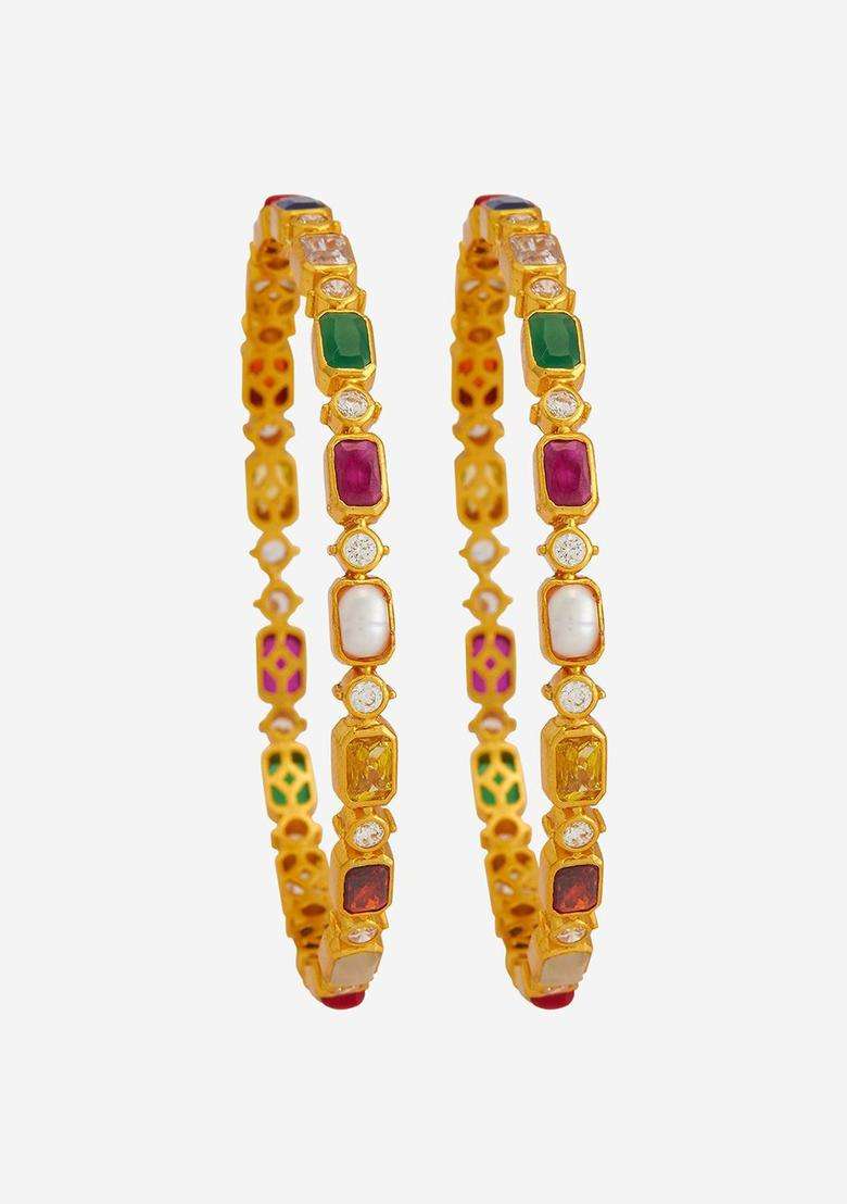 Set of 2 92.5 Pure Silver Gold-Plated Navaratna Bangles for Women | Traditional Temple Jewellery for Wedding & Festive Wear | Gift for Her - Indya