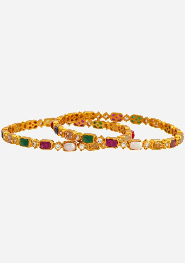 Set of 2 92.5 Pure Silver Gold-Plated Navaratna Bangles for Women | Traditional Temple Jewellery for Wedding & Festive Wear | Gift for Her - Indya