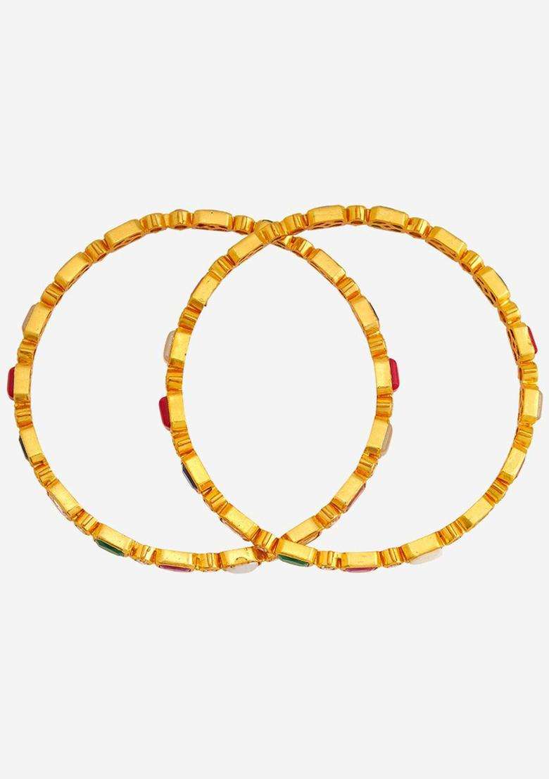 Set of 2 92.5 Pure Silver Gold-Plated Navaratna Bangles for Women | Traditional Temple Jewellery for Wedding & Festive Wear | Gift for Her - Indya