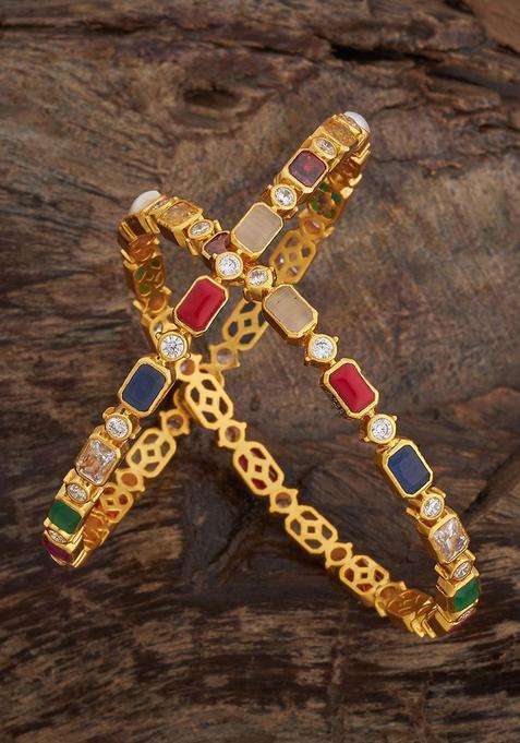 Set of 2 92.5 Pure Silver Gold-Plated Navaratna Bangles for Women | Traditional Temple Jewellery for Wedding & Festive Wear | Gift for Her