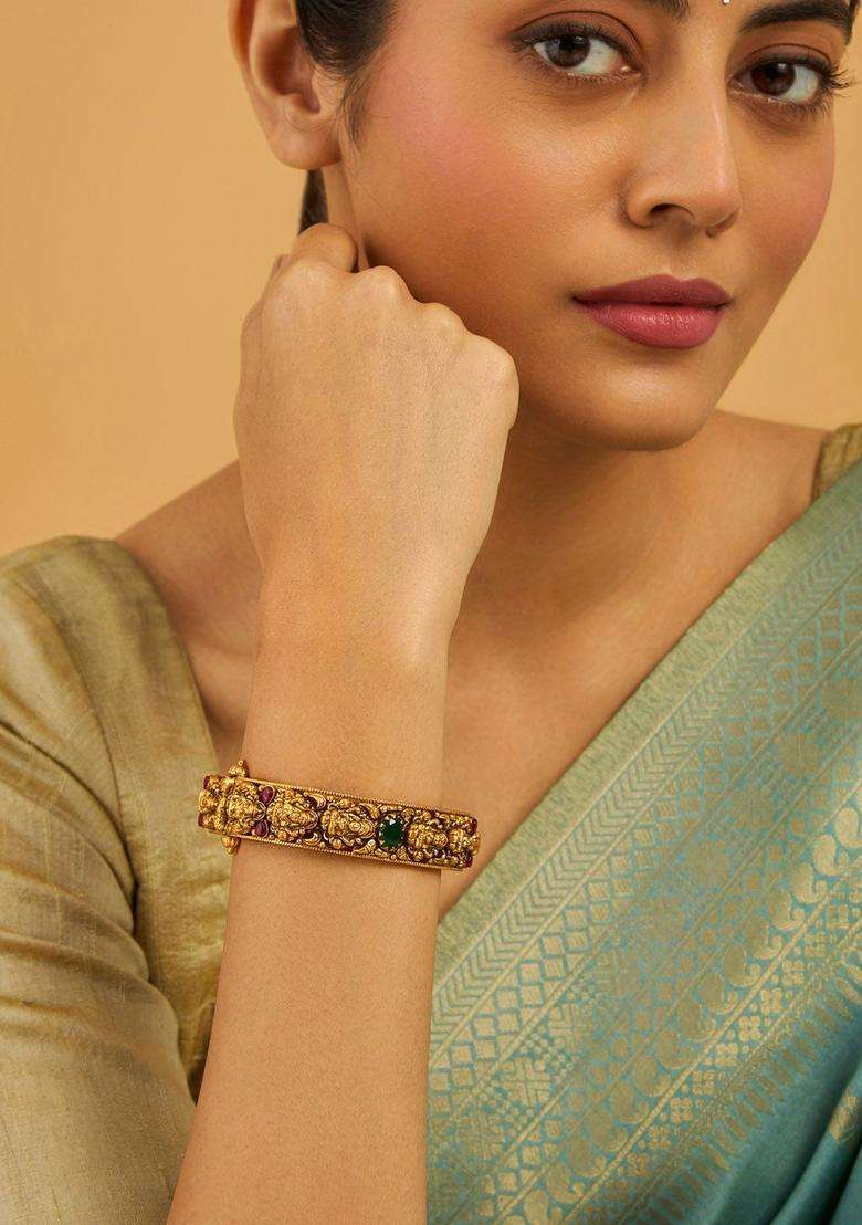 92.5 Sterling Silver Gold-Plated Stones Studded Temple Bangle for Women | Traditional Temple Jewellery for Wedding & Festive Wear | Gift for Her - Indya