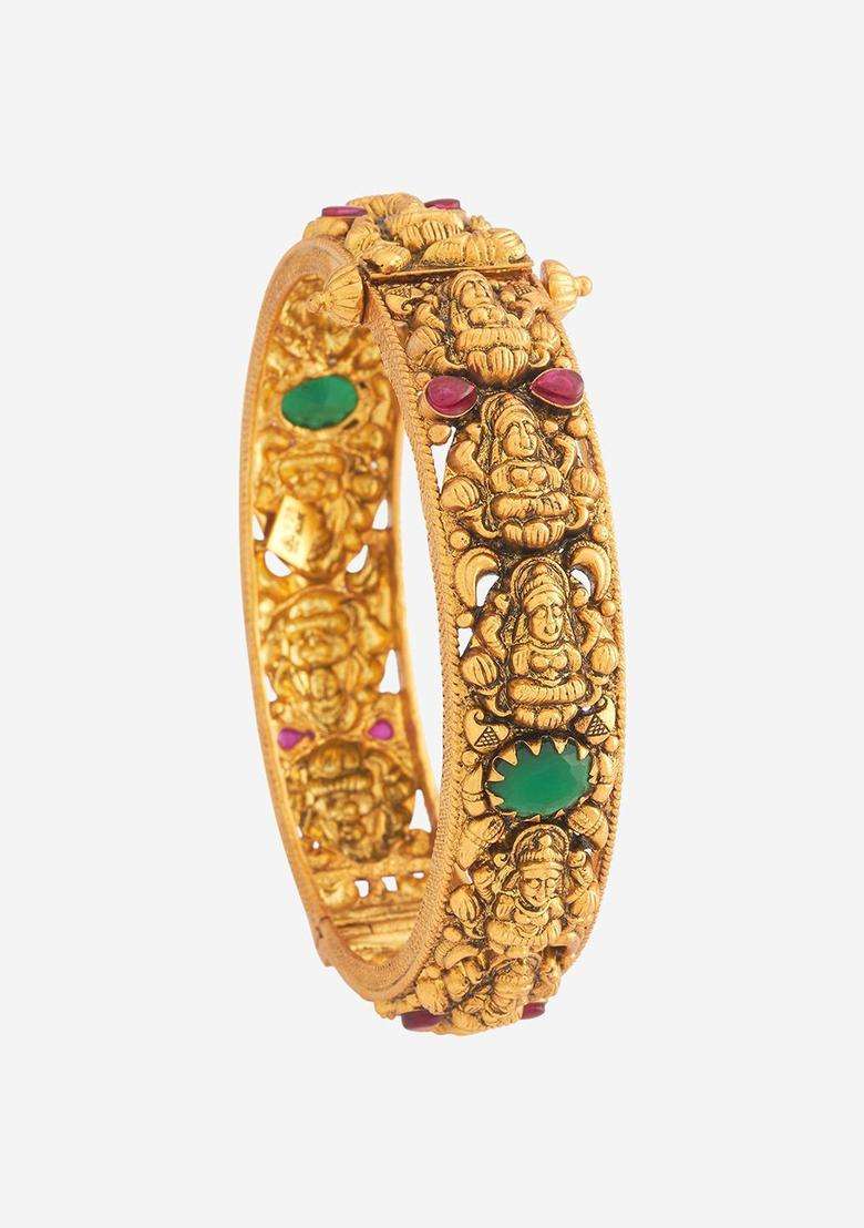 92.5 Sterling Silver Gold-Plated Stones Studded Temple Bangle for Women | Traditional Temple Jewellery for Wedding & Festive Wear | Gift for Her - Indya