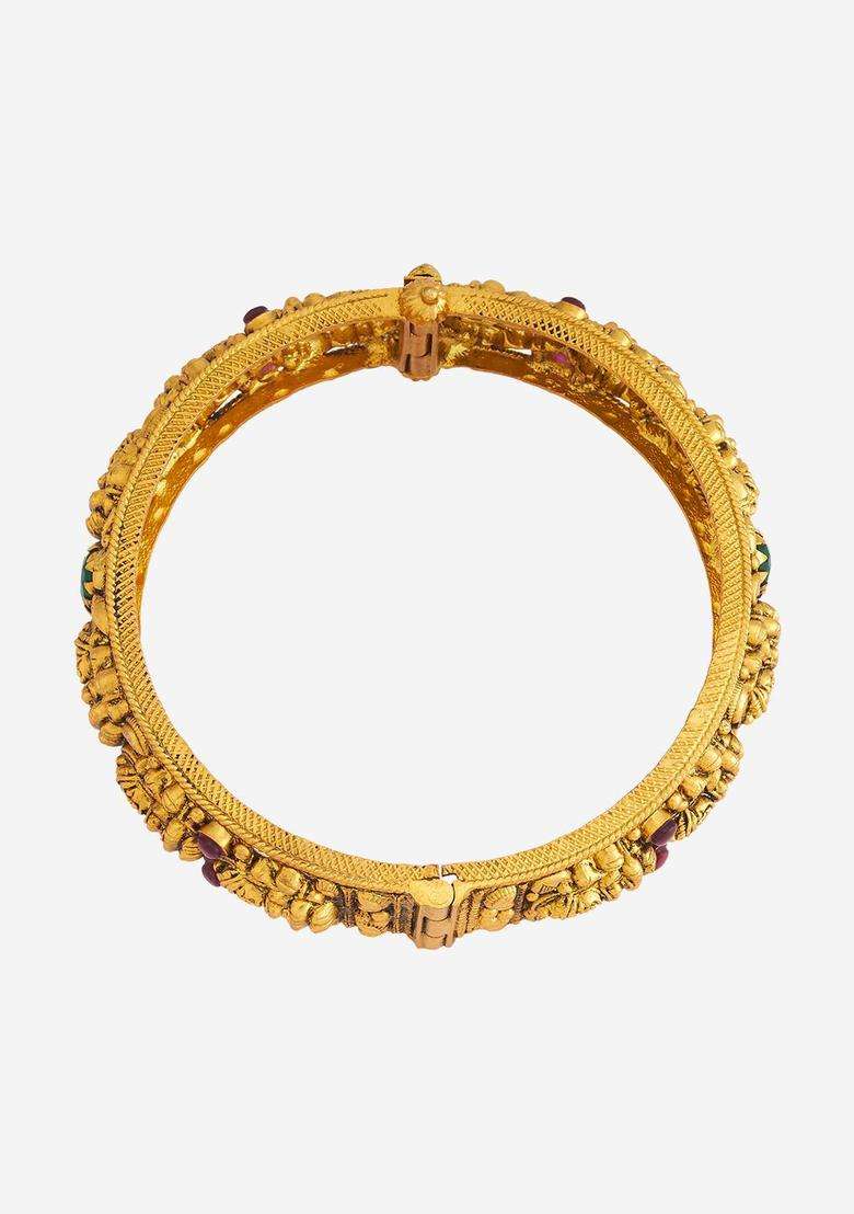 92.5 Sterling Silver Gold-Plated Stones Studded Temple Bangle for Women | Traditional Temple Jewellery for Wedding & Festive Wear | Gift for Her - Indya